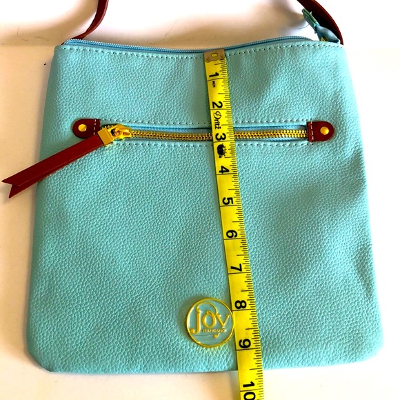 JOY MANGANO Aqua Blue w/Tan Trim Pebbled Leather CROSSBODY Shoulder Bag - Picture 4 of 6